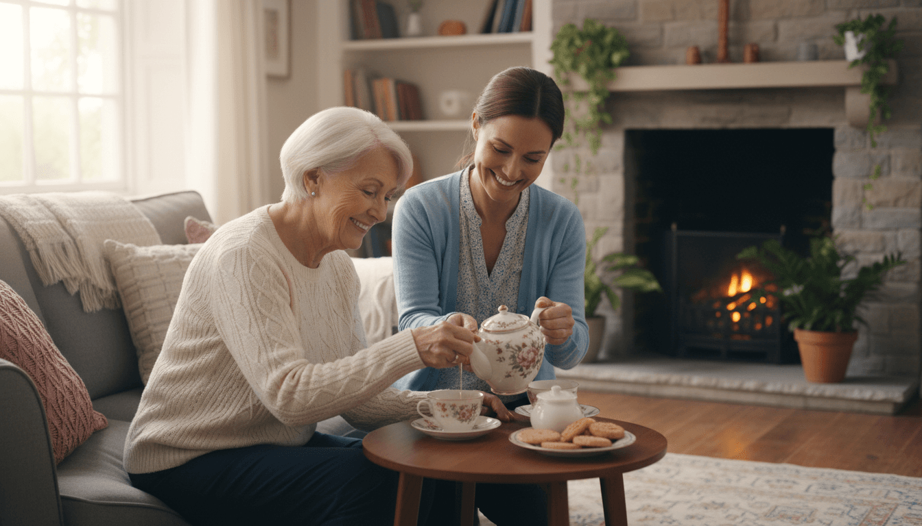 Caregiver gently assisting an older woman pouring tea in a bright, cozy living room