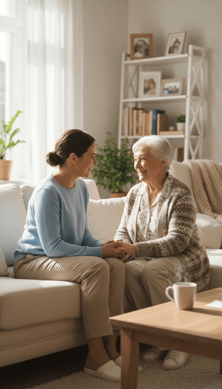 Caregiver having a warm conversation with a senior woman at home