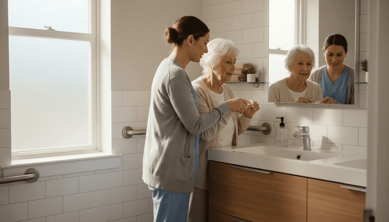 Caregiver sitting with senior client in a bright living room in Toronto