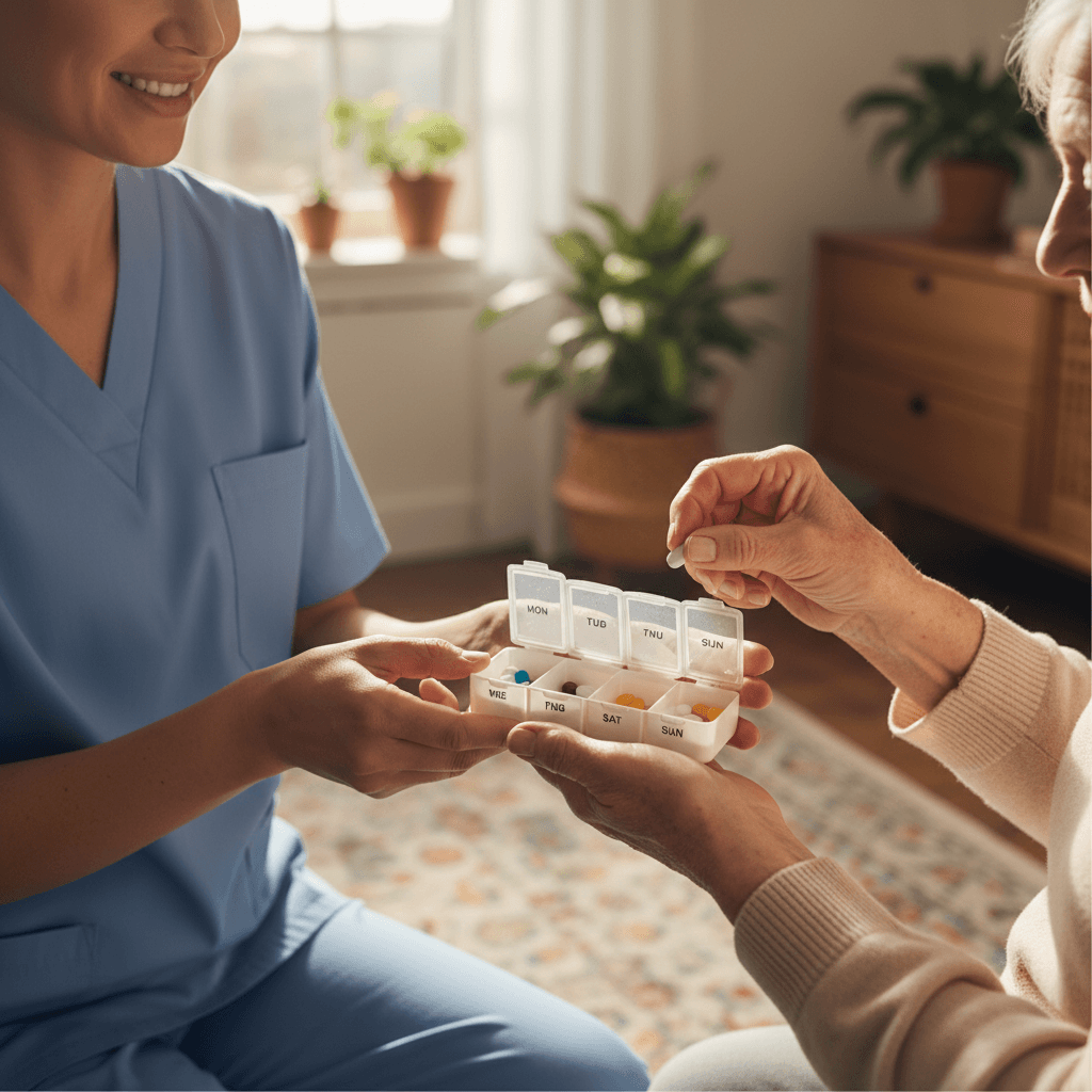 Friendly Toronto home care aide chatting with a senior woman on her couch
